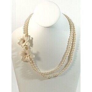 Handmade Lily Double Strand Faux Pearl Gold Tone Necklace